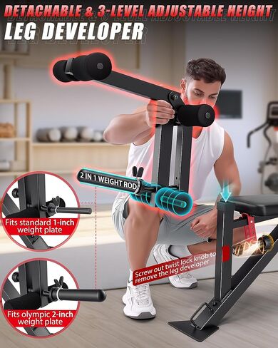 OPPSDECOR 1200LBS Workout Bench with Leg Extension/Leg Curl, Adjustable Weight Bench for Home Gym, Heavy Duty Workout Bench for Full Body Workouts, Incline/Flat Bench Press Set for Strength Training in Kuwait