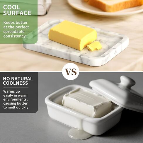 Marble Butter Dish with Lid, Elegant Large Capacity Butter Holder for Countertop & Refrigerator – Natural Cool Surface Keeps Butter in an Ideal Spreadable State – White Butter Container in Saudi Arabia
