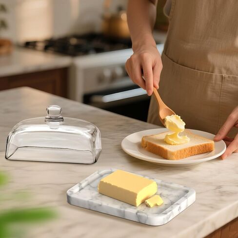 Marble Butter Dish with Lid, Elegant Large Capacity Butter Holder for Countertop & Refrigerator – Natural Cool Surface Keeps Butter in an Ideal Spreadable State – White Butter Container in Saudi Arabia