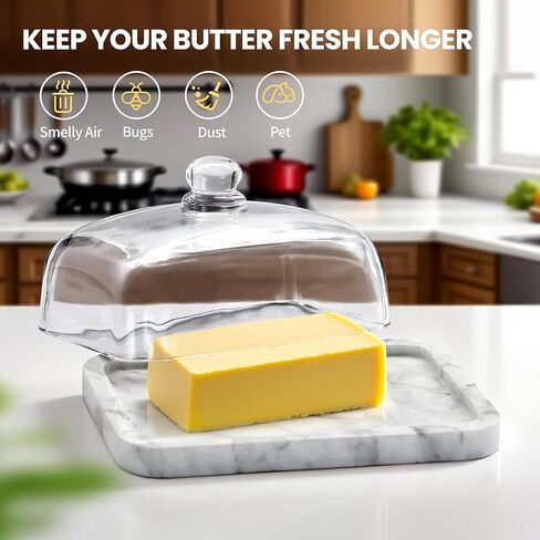 Marble Butter Dish with Lid, Elegant Large Capacity Butter Holder for Countertop & Refrigerator – Natural Cool Surface Keeps Butter in an Ideal Spreadable State – White Butter Container in Saudi Arabia