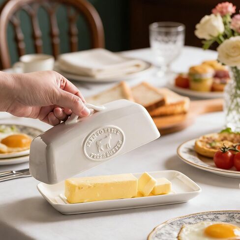 طبق زبدة البقرة، طبق زبدة السيراميك مع غطاء للمنضدة، صينية زبدة بيضاء مع مقبض، حاوية حامل زبدة مغطاة بالمزرعة لتخزين زبدة الساحل الشرقي الغربي in Kuwait