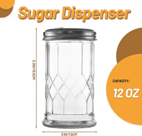 موزع سكر زجاجي سعة 12 أونصة، غطاء علوي من الفولاذ المقاوم للصدأ لسهولة الصب، أداة سكب السكر للسكر والسكر البودرة والبارميزان والقرفة والتوابل in Kuwait