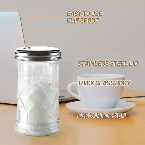 موزع سكر زجاجي سعة 12 أونصة، غطاء علوي من الفولاذ المقاوم للصدأ لسهولة الصب، أداة سكب السكر للسكر والسكر البودرة والبارميزان والقرفة والتوابل in Kuwait