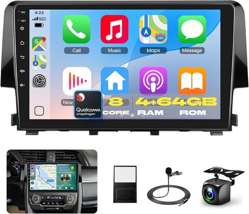 Stereo Carplay Car Stereo لـ Honda Civic 2016-2020 مع شاشة تعمل باللمس بحجم 9 بوصات ، [Qualcomm 8-Core 4+64GB] Upriding Android 13 Car Radio Android Auto BT5.1/DSP/HI-RES Audio/WiFi/SWC/GPS/OTA+Backup Cam Cam in Kuwait