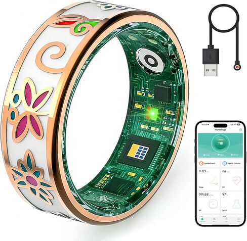 خاتم Enamel Craft الذكي للنساء والرجال، متتبع اللياقة البدنية بدون اشتراك مع معدل ضربات القلب، تتبع النوم، SpO2 - IP68 لنظامي التشغيل iOS وAndroid (لون المينا، 8) in Kuwait