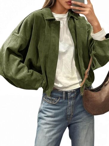 Cicy Bell Womens Faux Suede Bomber Jackets Oversized Cropped Zip Up Lapel Coats Fall Casual Outerwears in Saudi Arabia