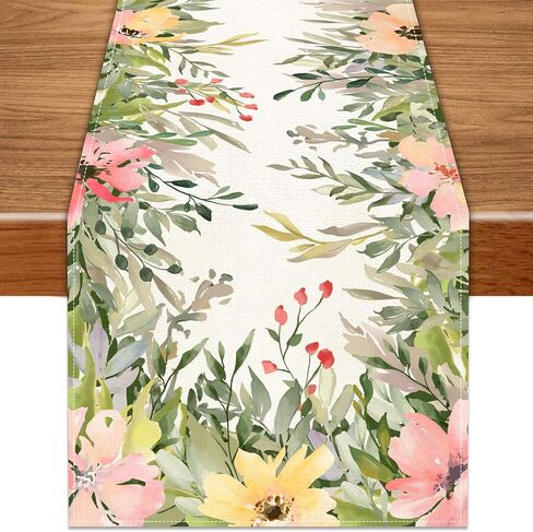 الكتان الألوان المائية الزهور الربيع الجدول عداء 13x72 بوصة، الأزهار الموسمية عطلة المطبخ غرفة الطعام منضدية العدائين للمنزل داخلي رف حزب مزرعة الديكور in Kuwait