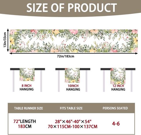 الكتان الألوان المائية الزهور الربيع الجدول عداء 13x72 بوصة، الأزهار الموسمية عطلة المطبخ غرفة الطعام منضدية العدائين للمنزل داخلي رف حزب مزرعة الديكور in Kuwait