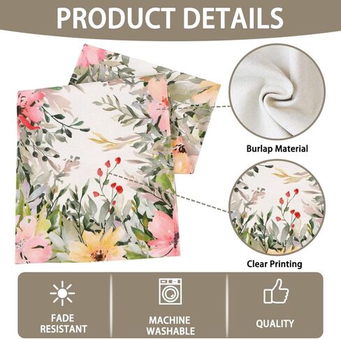 الكتان الألوان المائية الزهور الربيع الجدول عداء 13x72 بوصة، الأزهار الموسمية عطلة المطبخ غرفة الطعام منضدية العدائين للمنزل داخلي رف حزب مزرعة الديكور in Kuwait