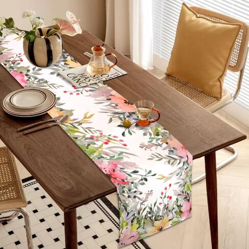 الكتان الألوان المائية الزهور الربيع الجدول عداء 13x72 بوصة، الأزهار الموسمية عطلة المطبخ غرفة الطعام منضدية العدائين للمنزل داخلي رف حزب مزرعة الديكور in Kuwait