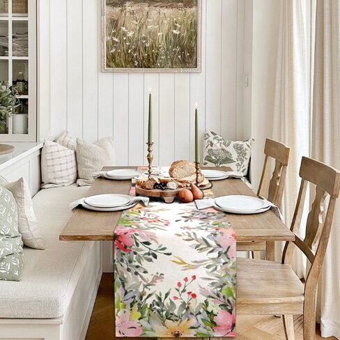 الكتان الألوان المائية الزهور الربيع الجدول عداء 13x72 بوصة، الأزهار الموسمية عطلة المطبخ غرفة الطعام منضدية العدائين للمنزل داخلي رف حزب مزرعة الديكور in Kuwait