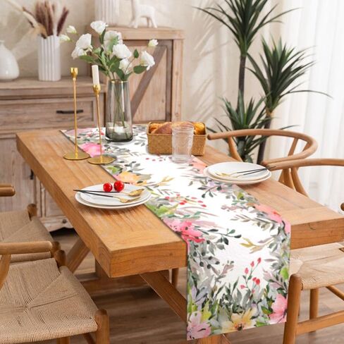 الكتان الألوان المائية الزهور الربيع الجدول عداء 13x72 بوصة، الأزهار الموسمية عطلة المطبخ غرفة الطعام منضدية العدائين للمنزل داخلي رف حزب مزرعة الديكور in Kuwait