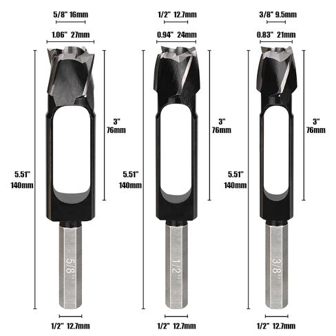 Wood Plug Cutter Set 3PCS, Tenon Dowel Cutter Hex Shank, Inner Dia 3/8'', 1/2'', 5/8'' Tenon Maker Dowel Cutting Tools, Drill Bits for Woodworking Furniture Making in Saudi Arabia