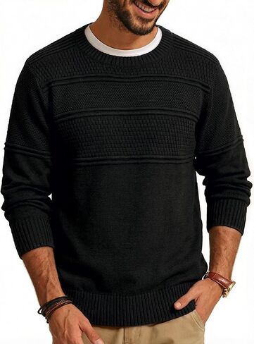 YTD Men's Crew Neck Sweater Long Sleeve Textured Knit Sweaters Casual Slim Fit Pullover in Kuwait