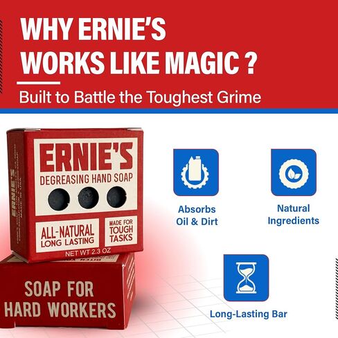 Ernie's Soap Heavy Duty Hand Soap Bar for Mechanics, Gardeners & DIYers – Natural Grease Removing Mechanic Soap with Sand & Activated Charcoal – Cold Processed, Long-Lasting – 1 Bar in Saudi Arabia
