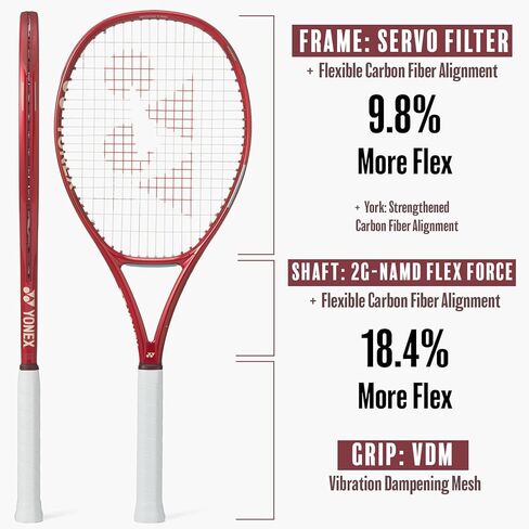 YONEX VCORE 100+ Tennis Racquet with Increased Sweet Spot & Extended 27.5in Length | 16x19 Spin Frame, Vibration Control & Aerodynamic Beam for All-Around Players in Saudi Arabia
