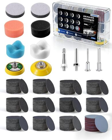 435 قطعة من أقراص الصنفرة الرطبة والجافة مقاس 2 بوصة، ومجموعة تلميع الحفر مع مجموعة متنوعة من ورق الصنفرة بخطاف وحلقة من 60 إلى 5000 لمثقاب دريميل، ومجموعة ترميم المصابيح الأمامية مع وسادة تلميع للراتنج المعدني الخشبي التلقائي in Kuwait