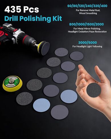 435 قطعة من أقراص الصنفرة الرطبة والجافة مقاس 2 بوصة، ومجموعة تلميع الحفر مع مجموعة متنوعة من ورق الصنفرة بخطاف وحلقة من 60 إلى 5000 لمثقاب دريميل، ومجموعة ترميم المصابيح الأمامية مع وسادة تلميع للراتنج المعدني الخشبي التلقائي in Kuwait