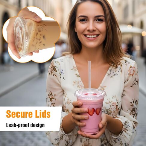 200 Clear Flat Lids Plastic Disposable PET Cup Lids with Straw Slot Fits Fits 16 oz, 20 oz, 24 oz Cups for Cold Brew, Coffee, Beer, Ice Cream, Party Supplies in Saudi Arabia
