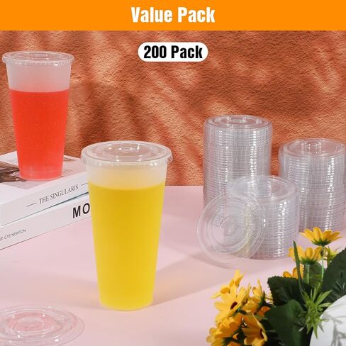 200 Clear Flat Lids Plastic Disposable PET Cup Lids with Straw Slot Fits Fits 16 oz, 20 oz, 24 oz Cups for Cold Brew, Coffee, Beer, Ice Cream, Party Supplies in Saudi Arabia