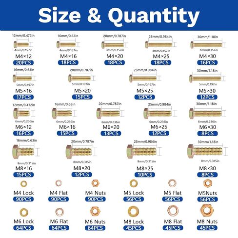 1020PCS Grade 8.8 Metric Bolt Assortment Kit -M4 M5 M6 M8 Heavy Duty Hex Bolts & Nuts with Washers,Yellow Zinc Plated(12-30mm), Automotive/Furniture Hardware,Assorted Metric Fasteners for DIY & Repair in Saudi Arabia