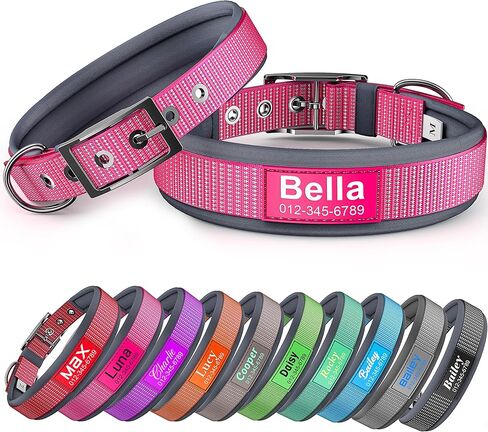 طوق الكلب الشخصي مع الاسم ورقم الهاتف | عاكس فائقة النيوبرين ناعمة مبطنة | مشبك معدني متين للكلاب الكبيرة والمتوسطة والصغيرة بألوان وردية وأرجواني وأزرق وغيرها in Kuwait