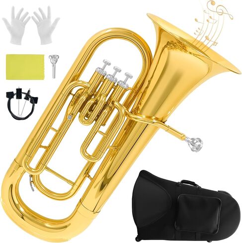 Bb Brass Euphonium - أداة رئيسية احترافية ومتوسطة ذات 3 صمامات Bb - لمسة نهائية من طلاء الذهب مع مكابس من الفولاذ المقاوم للصدأ - تشتمل على حافظة صلبة وقطعة فم وقفازات وقماش تلميع in Kuwait