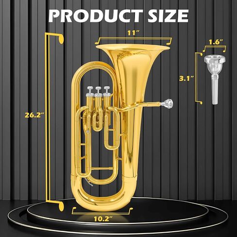 Bb Brass Euphonium - أداة رئيسية احترافية ومتوسطة ذات 3 صمامات Bb - لمسة نهائية من طلاء الذهب مع مكابس من الفولاذ المقاوم للصدأ - تشتمل على حافظة صلبة وقطعة فم وقفازات وقماش تلميع in Kuwait