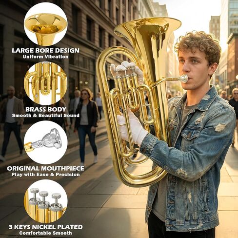 Bb Brass Euphonium - أداة رئيسية احترافية ومتوسطة ذات 3 صمامات Bb - لمسة نهائية من طلاء الذهب مع مكابس من الفولاذ المقاوم للصدأ - تشتمل على حافظة صلبة وقطعة فم وقفازات وقماش تلميع in Kuwait