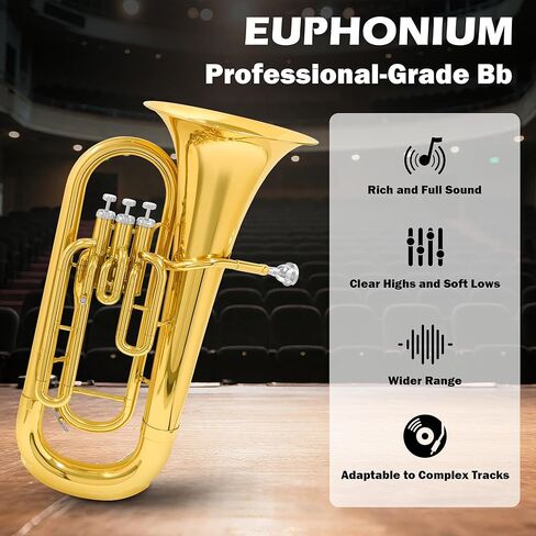 Bb Brass Euphonium - أداة رئيسية احترافية ومتوسطة ذات 3 صمامات Bb - لمسة نهائية من طلاء الذهب مع مكابس من الفولاذ المقاوم للصدأ - تشتمل على حافظة صلبة وقطعة فم وقفازات وقماش تلميع in Kuwait