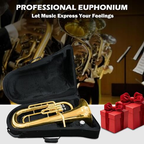 Bb Brass Euphonium - أداة رئيسية احترافية ومتوسطة ذات 3 صمامات Bb - لمسة نهائية من طلاء الذهب مع مكابس من الفولاذ المقاوم للصدأ - تشتمل على حافظة صلبة وقطعة فم وقفازات وقماش تلميع in Kuwait