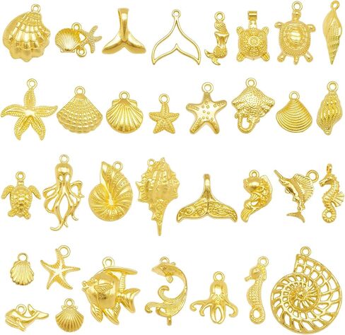 Julie Wang 90pcs Gold Zinc Alloy Ocean المعلقات حورية البحر ، سلحفاة ، قذيفة ، سحر النجوم المختلط لسروار القلادة الصيفية صنع المجوهر in Saudi Arabia
