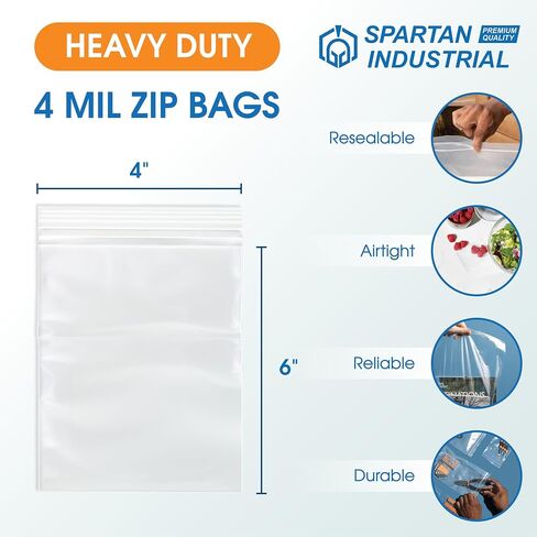 Spartan Industrial - 200 Count - 4" X 6" (4 Mil Heavy Duty) Thick Clear Plastic Reclosable Zip Poly Bags with Resealable Lock Seal Zipper - Durable in Saudi Arabia