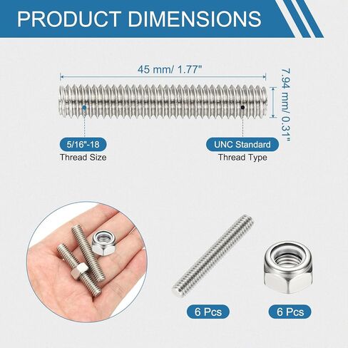 PATIKIL 5/16"-18 UNC Fully Threaded Rod, 1.77" Length 304 Stainless Steel Right Hand Long Thread Bar Studs with Nuts for Pipes Clamps Hangers U-Bolts 6Pcs in Saudi Arabia