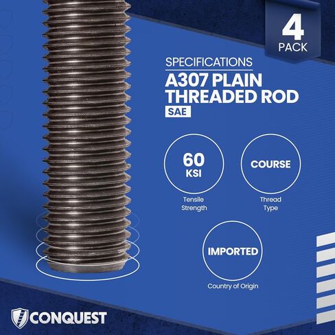 Conquest Fasteners A307 Fully Threaded Rod, 1/2" Diameter, 13 Thread Size, 24" Length, Right Hand Threads Designed for Hanging Fixtures, Sprinklers, Lights - Plain Finish (4 Pack) in Kuwait