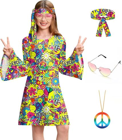Besserbay Girl's 4 PCS Halloween 70s Hippie Dress Bell Sleeve Floral Printed Outfit 4-14 Years in Saudi Arabia
