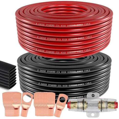 8 Gauge Wire Copper Aluminum CCA 50FT(25FT Red+25FT Black) Power & Ground Cable with 8ga Lugs,3:1 Heat Shrink Tube - Amp Wiring Kit for Car Audio,Battery,RV Trailer,Marine in Saudi Arabia