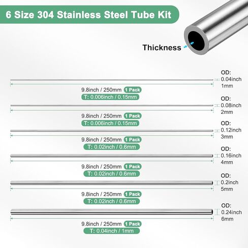 M METERXITY 250mm 304 Stainless Steel Tube, 1mm 2mm 3mm 4mm 5mm 6mm OD 0.15/0.6/1mm Wall Thick Seamless Straight Metal Pipe Tubing for Construction/Machining/Crafting [Set of 6 Sizes] in Saudi Arabia