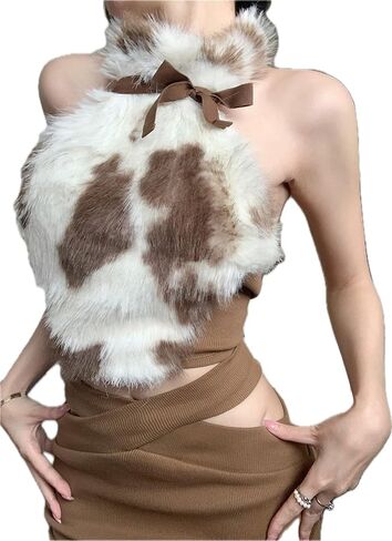 Furinfashion XE-01 Sexy Furry Fur Step Top for Women to-up with real rabbit fur fulless seriveless shirt fluffy print print light (m ، khaki) in Kuwait