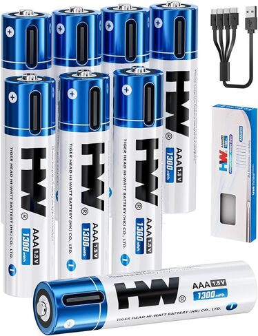 بطارية HW AAA القابلة لإعادة الشحن ، [1.5 فولت ، 4 عبوات] بطاريات ليثيوم 1300 ميلادية مع كابل USB-C ، 1600Sycles ثلاثية بطاريات لعناصر التحكم عن بُعد ، الماوس اللاسلكي ، المصابيح الكهربائية LED ، ألعاب إلكترونية ، إلخ. in Kuwait