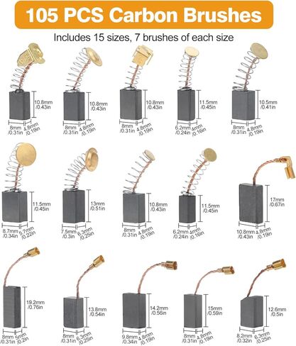 105 قطعة بديلة من فرش الكربون من SUNJOYCO، 15 فرشاة محرك كهربائي بأحجام متنوعة، فرشاة كربون حسب الحجم، قطع غيار الجرافيت والنحاس لأدوات الطاقة، المثاقب، المناشير، المطاحن، المحركات in Kuwait