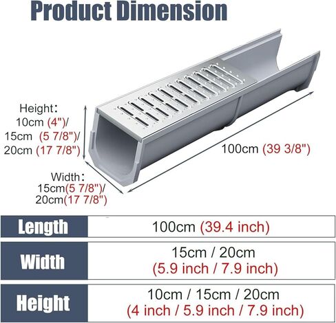 Drainage Grille Metal Grating for Drainage Ditch, Kitchen/Bathroom/Restaurant Drainage Ditch, Indoor and Outdoor Drainage Ditch Floor Drain Kit(W-20cm(7.9") x H-15cm(5.9")) in Kuwait