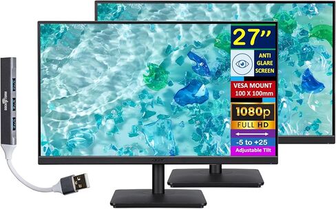 Acer 27 "FHD IPS مراقبة المزامنة المجانية مع وقت استجابة 1 مللي ثانية ، مضاد للوهج ، وميض خالية ، فيسا جبل (100 مم) ، VGA ، HDMI & Dockztorm USB Port Expander ، Black (2025 Model) in Kuwait