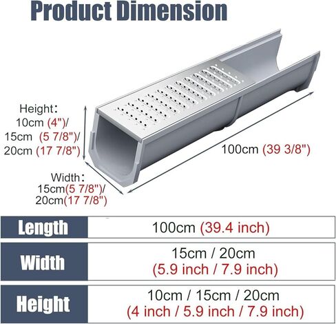 Drainage Grille Stainless Steel Covered Drainage Ditch Kit, Rain Drainage Ditch with Grille, Concrete Indoor and Outdoor Drainage Ditch, Rainwater Filter(W-20cm(7.9") x H-15cm(5.9")) in Kuwait