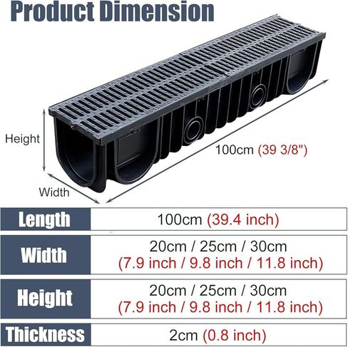 Drainage Grille HDPE Trench Drainage Ditch with Outdoor Grille, Trench Drainage Ditch French Drainage Grille, Drainage Ditch Kit Polymer Drainage Filter(W-30cm(11.8") x H-30cm(11.8")) in Kuwait