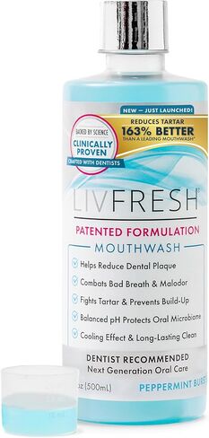 غسول الفم ليففريش، مثبت سريريًا، تحكم أفضل في الجير بنسبة 163%، صحة أفضل للثة بنسبة 114%، تقليل البلاك بنسبة 72%، أفضل بنسبة 38% في القضاء على رائحة الفم الكريهة، انفجار النعناع، ​​16.9 أونصة سائلة in Kuwait