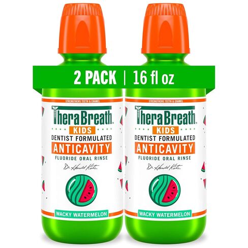 TheraBreath Kids Mouthwash with Fluoride, Organic Wacky Watermelon, Anticavity, 16 fl oz (2 Pack) in Kuwait