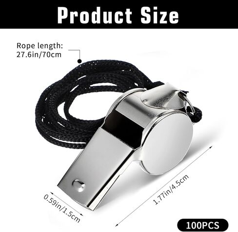 Sibba 100 Pack Whistle with Lanyard Stainless Steel Sports Coach Whistles for Adults, Whistles Bulk Loud Crisp Sound Whistle Ideal for Coaches, Referees, Official, Survival Kits & Outdoor Safety in Saudi Arabia