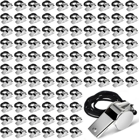 Sibba 100 Pack Whistle with Lanyard Stainless Steel Sports Coach Whistles for Adults, Whistles Bulk Loud Crisp Sound Whistle Ideal for Coaches, Referees, Official, Survival Kits & Outdoor Safety in Saudi Arabia