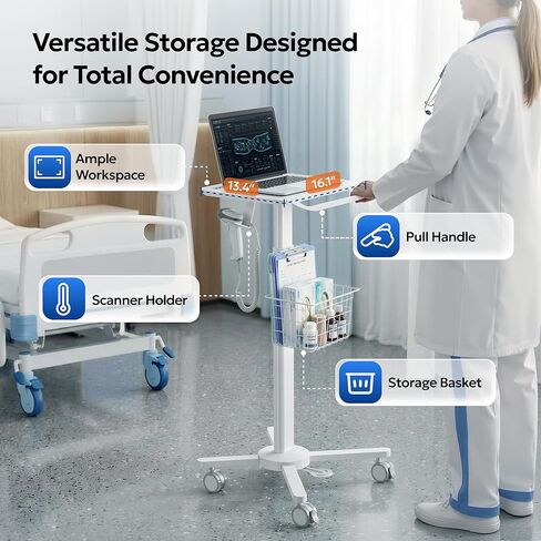Lightweight Medical Carts with Wheels, Pneumatic Height Adjustable Laptop Cart with Scanner Holder & Storage Basket, Rolling Lab Utility Cart for Nurse Station, Dental Clinic, Salon, Office in Saudi Arabia